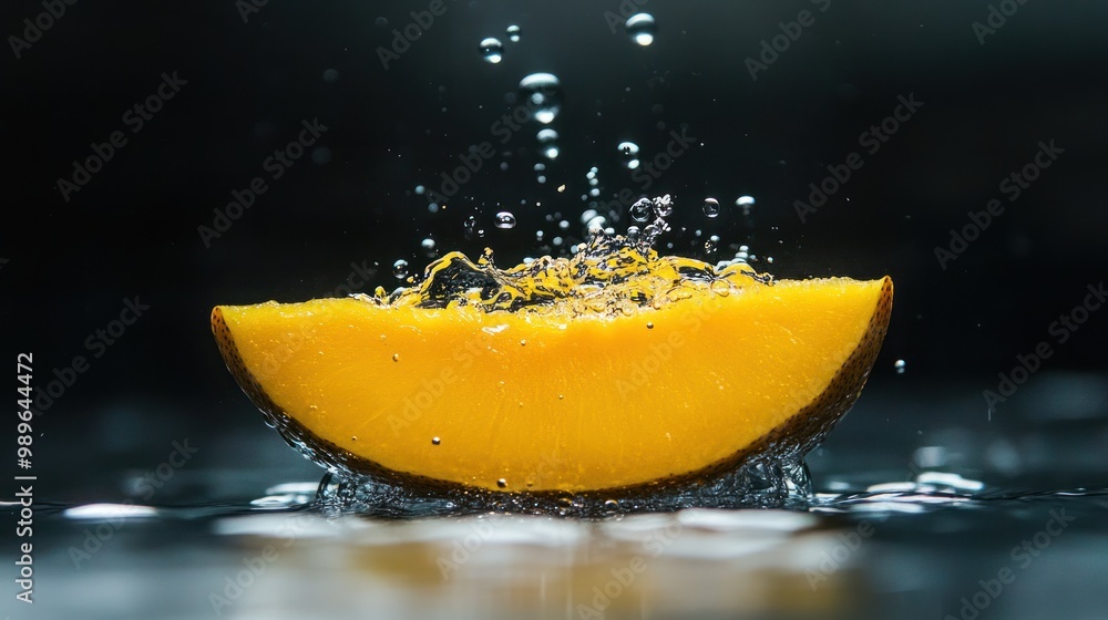 Poster a vibrant slice of yellow fruit splashes in water, creating dynamic droplets.