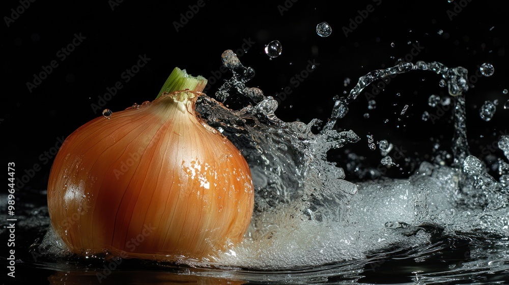 Poster an onion splashes into water, creating dynamic droplets against a dark background.
