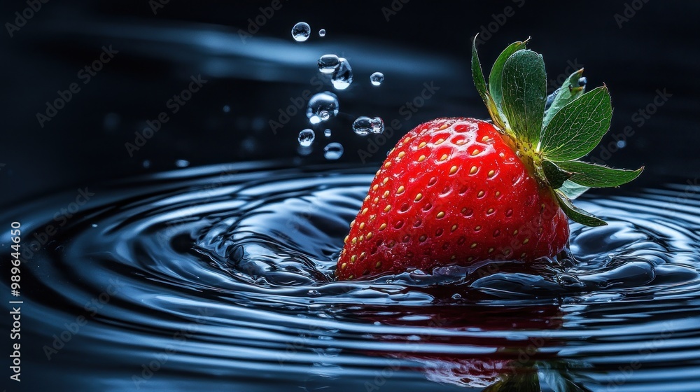 Poster a vibrant strawberry splashes in dark water, creating a dynamic visual effect.