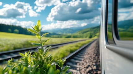 A beautiful photograph showing a green plant growing beside railway tracks with a scenic view of the countryside, featuring a blue sky with clouds and distant hills.