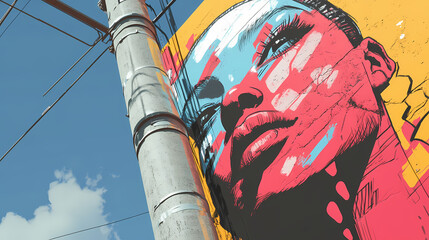 Modern cantilever pole supporting a street art installation, enhancing the cultural vibe of the city. Street Art. Illustration