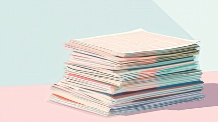 Minimalist Vector Illustration of Newspapers Stack on Soft Pastel Background with Copy Space