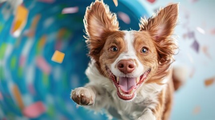 An energetic brown and white dog running with ears flapping and a joyful expression, set against a dynamic background, capturing the spirit and excitement of the moment.