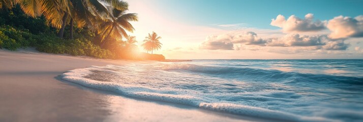 Tropical beach scene, swaying palm trees, gently blurred ocean waves, serene sky, peaceful atmosphere, inviting tropical paradise