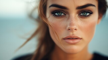 A beautiful woman with prominent freckles gazes calmly into the camera, her surroundings softly blurred to enhance the delicate balance of nature.