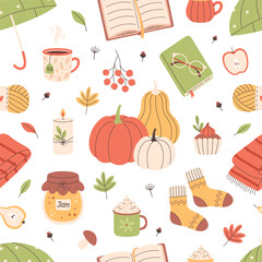 Autumn seamless pattern. Cute and cozy seasonal objects. Flat, hand drawn texture for wallpaper, textile, fabric, paper. Vector illustration in flat style