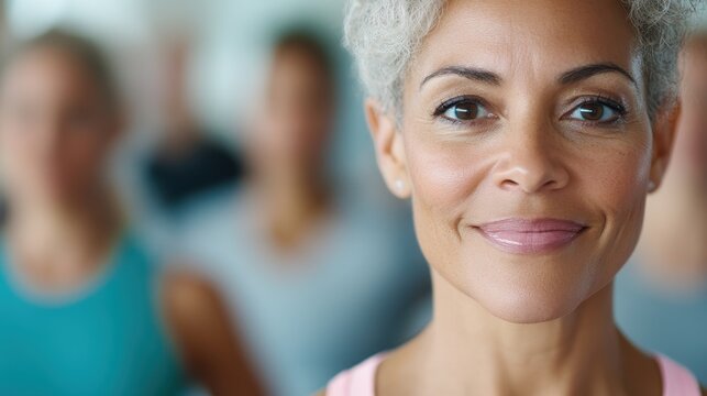 An older woman with short curly hair, full of confidence and poise, stands prominently in a serene and welcoming group fitness class.