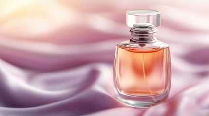 A compact glass perfume bottle with a round cap is set against soft pink satin fabric, showcasing an elegant and luxurious design, perfect for a high-end fragrance display.