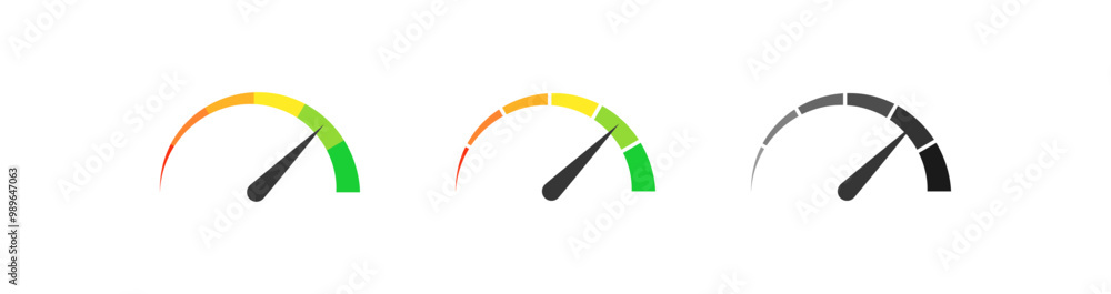 Aufkleber Speedometer icon, tachometer icon. Speed indicator icon set. Rating meter signs performance concept. Dashboard level scale icon. vector illustration	
