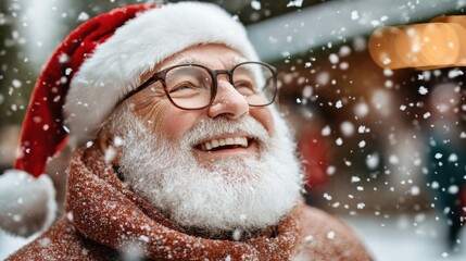 A person wearing a Santa hat and winter scarf, standing outside in falling snow, exudes festive and cozy winter vibes. The image captures the winter holiday atmosphere.