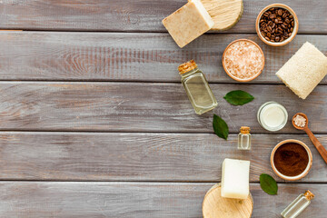Homemade spa body care cosmetic with coffee scrub and soap, top view