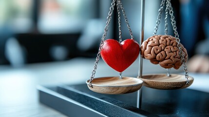 A scale with a brain on one side and a heart on the other depicts the balance between intellect and emotions. The image highlights the conflict and harmony between thoughts and feelings.