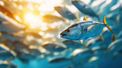 A striking image of a tuna fish swimming among a large school underwater, flawlessly captured with sunlight streaming down, creating a serene and vibrant marine scene.
