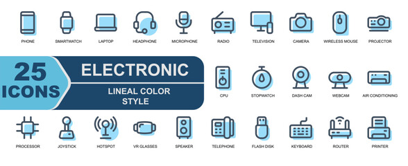 electronic icon collection.linel color style.contains mic,radio,television,smart TV,camera,photo,mouse,wireless mouse,projector,cpu,computer,processor,chipset,joystick,game,hotspot,wifi.

