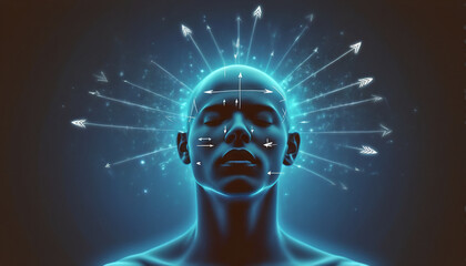 Obraz premium Illustrative graphic depiction of a deep thinking person surrounded by drawn arrows in different directions, agony of choice and decision making