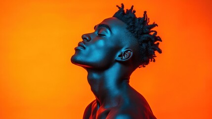 A profile of a man against a vibrant orange background, showcasing artistic lighting.