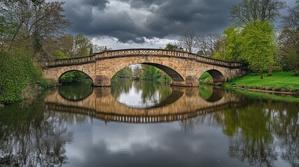 Fototapeta premium A stone bridge arches over a calm river, reflecting the surrounding greenery and cloudy sky.