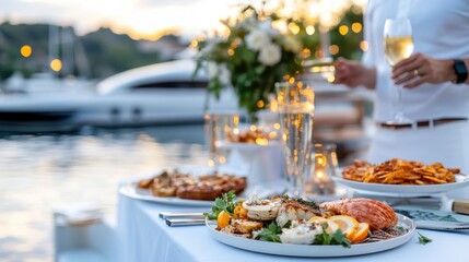 An elegant dining setup featuring a gourmet seafood meal, fine wines, and elaborate table decorations with a stunning waterfront background during dusk.