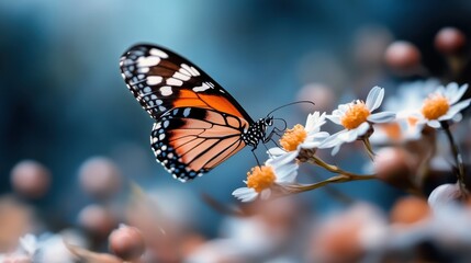 An aesthetically pleasing image of a butterfly resting among delicate white flowers, highlighting the serene beauty and simplicity found in nature's intricate details.