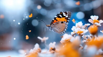 Obraz premium An ethereal image of a butterfly taking flight amidst a dreamy background filled with soft-focus flowers, capturing the essence of freedom and the beauty of nature.
