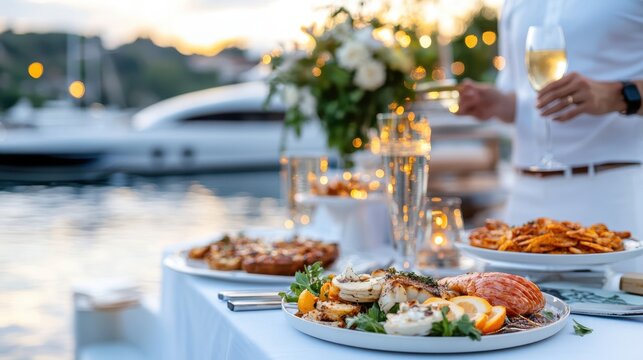 An elegant dining setup featuring a gourmet seafood meal, fine wines, and elaborate table decorations with a stunning waterfront background during dusk.