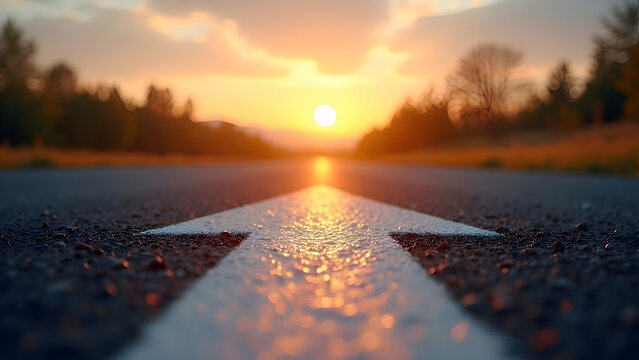 Open Road with Arrow Pointing Toward Bright Sunset Symbolizing New Beginnings