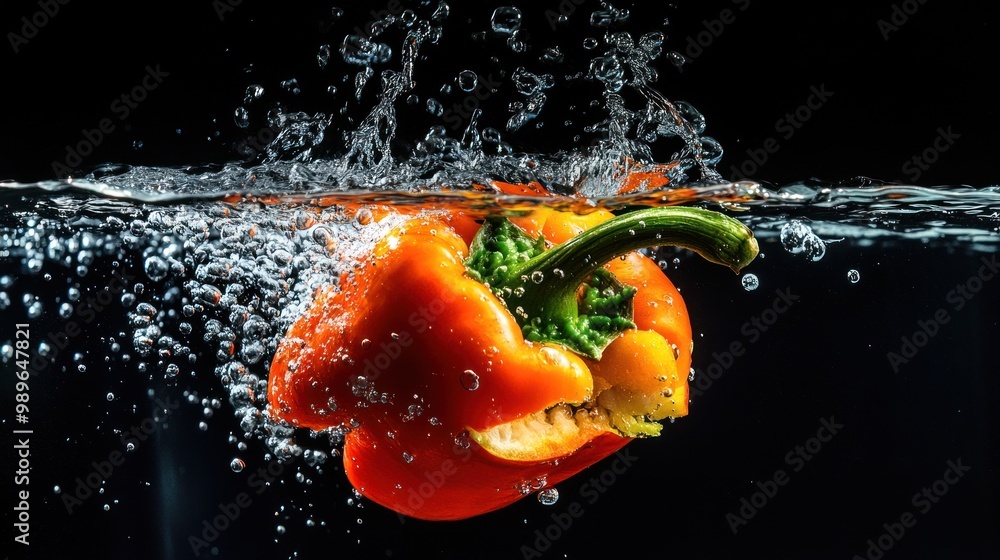 Poster a vibrant red bell pepper submerged in water, creating bubbles and a dynamic visual effect.