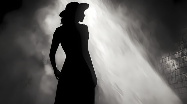 Silhouetted in mist, a mysterious woman exudes an aura of enigma. Film Noir. Illustration