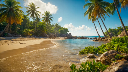 Obraz premium AI-generated image of a tropical vacation destination with serene beach and golden sands, azure waters, lush palm trees, vibrant local culture, adventure, relaxation, and cherished memories await you