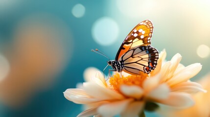 Fototapeta premium A butterfly with polka-dotted wings is seen in close-up as it sits on a yellow bloom, capturing the minute details of its wings and the delicate structure of the flower.