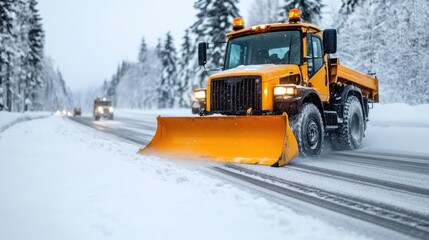 Snow plows equipped for a winter storm are clearing snow from a road, ensuring safety and mobility during harsh weather conditions with their bright, efficient machinery.
