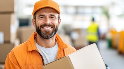 A male delivery worker, dressed in a bright orange uniform and cap, is smiling and holding a cardboard box in a warehouse environment full of packages.