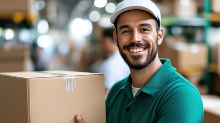 A male warehouse worker in a green polo and white cap is smiling while holding a cardboard box, surrounded by stacks of packages ready for distribution.