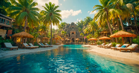 Fototapeta premium AI-generated image of a tropical vacation destination with serene beach and golden sands, azure waters, lush palm trees, vibrant local culture, adventure, relaxation, and cherished memories await you