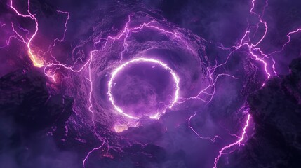 A glowing electric neon hologram circle with lightning radiating outward on a dark background.
