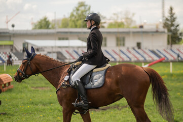 Young woman preparing for equestrian competition. 