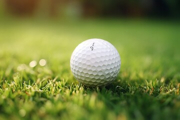 Close-up of a golf ball resting on vibrant green grass during late afternoon sunlight