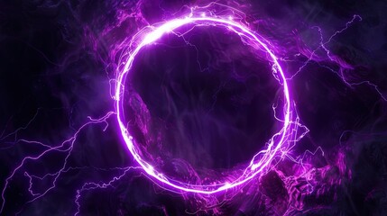 Naklejka premium A glowing electric neon hologram circle with lightning radiating outward on a dark background.