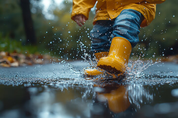 A young boy splashing in a puddle after the rain, his bright yellow rain boots and raincoat shining.