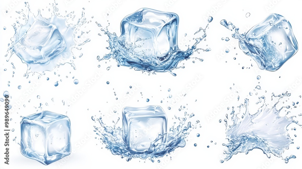 Aufkleber dynamic clear ice cubes and splash mockup template with explosion and wave patterns in vector style 
