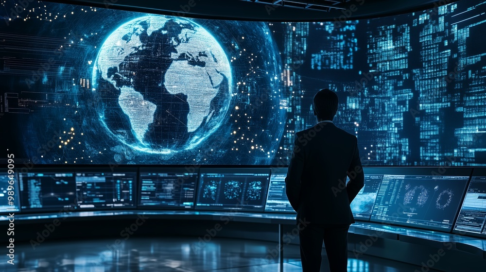 Poster a person observes a digital globe display in a high-tech control room, illuminated by screens and da