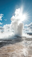 Obraz premium Boiling water and steam shoot into the sky as a geyser erupts in a dynamic geothermal area