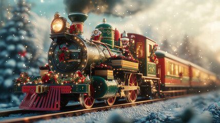 Obraz premium Traditional Holiday Train with Bright Red and Green Colors and Steam Engine Details for a Nostalgic and Festive Christmas Spirit