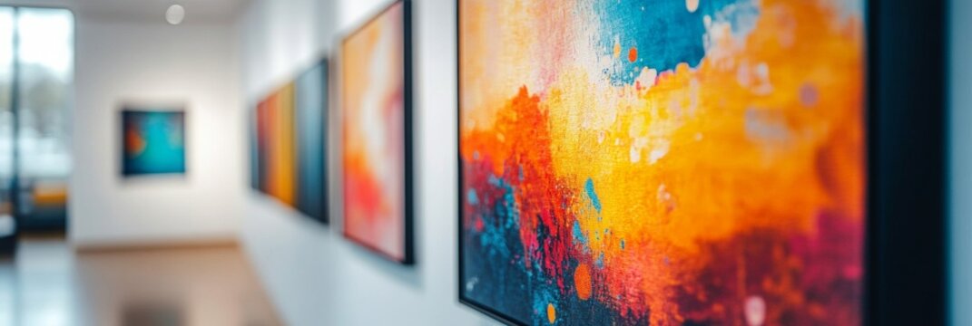 Vibrant graphic design poster displayed on a gallery wall, softly blurred background showcasing various art pieces
