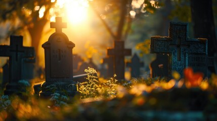 Fototapeta premium A peaceful cemetery with crosses marking graves, symbolizing remembrance and the promise of eternal life