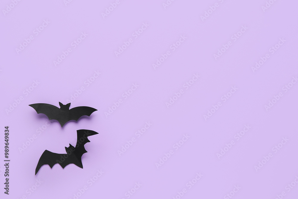 Poster Black paper bats for Halloween party on lilac background