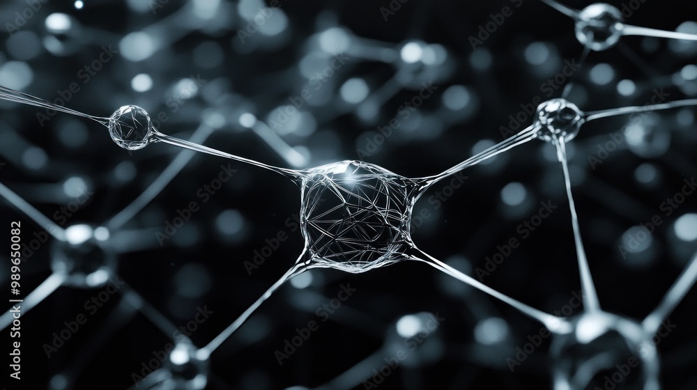 Poster a close-up view of interconnected nodes representing a network or molecular structure.