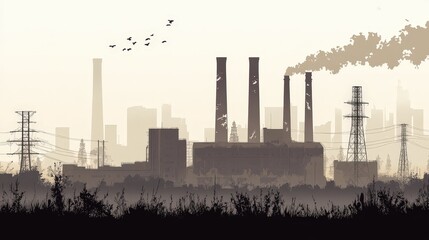 Obraz premium Urban Decay - Minimalist Vector Illustration of Neglected Industrial Building with Smokestacks