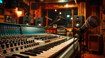 Obraz premium A recording studio with a soundboard, microphone, and headphones, ready for a music production session