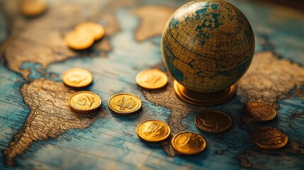 Globe and coins placed on world map, soft light reflecting travel and finance